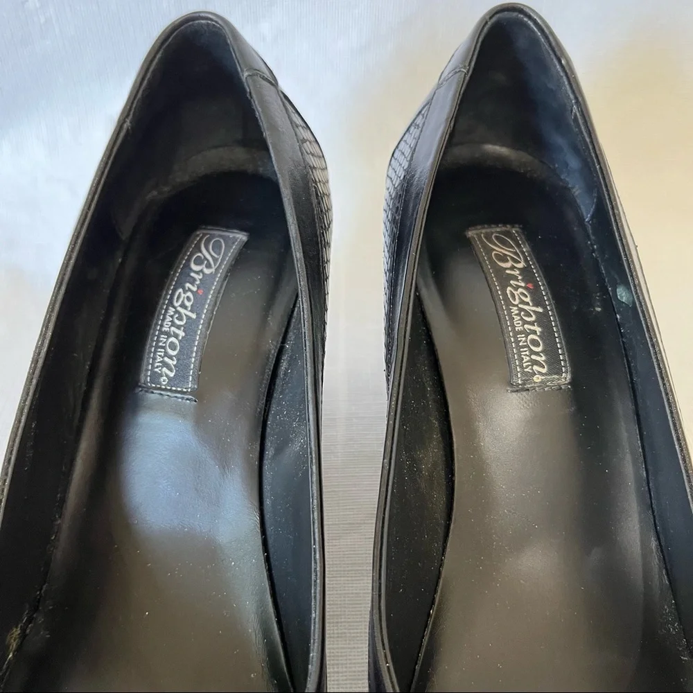 Brighton Nelly Black Leather Peep Toe Wedge Heels